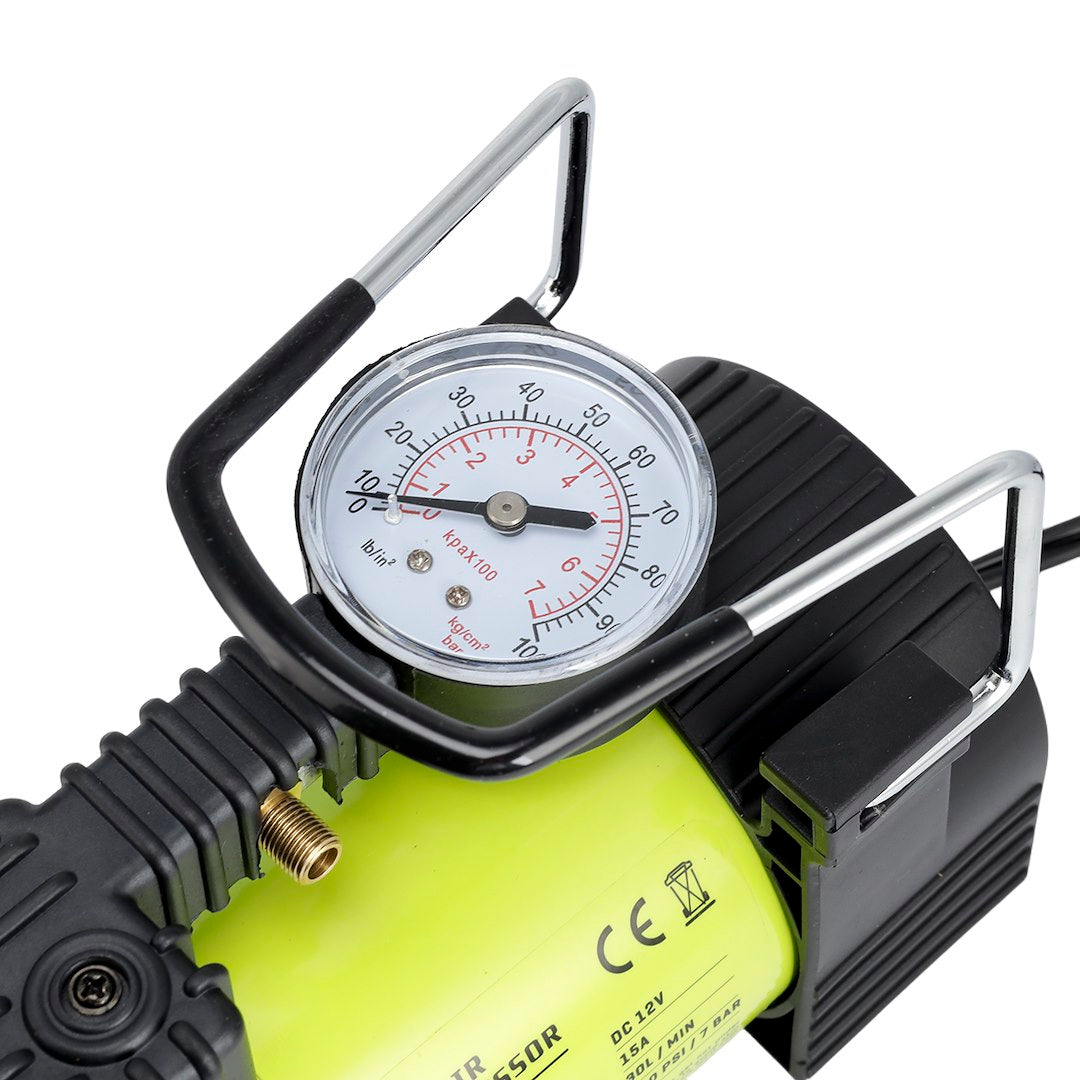 Dugattyús légkompresszor 12V 11 BAR 35L perc analóg nyomásmérő 4 adapterrel – kép 2