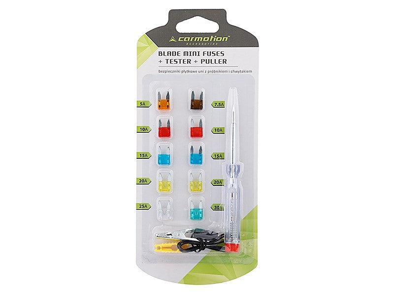 Pengés biztosítékok MINI, 10 db + feszültségmérő 6-24V + klipsz