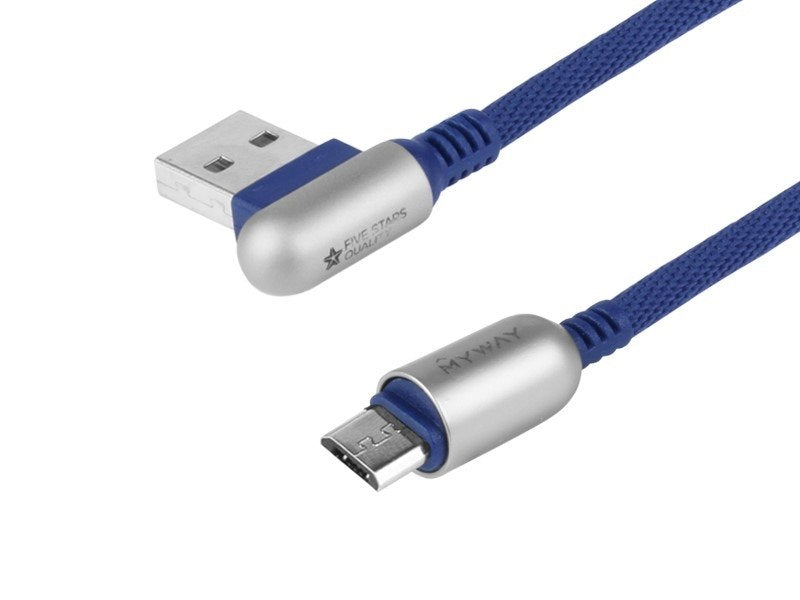 Töltő- és szinkronizáló kábel , 120 cm, fonott mikroszálas, kétoldalas, ferde USB> micro USB, tengerészkék színű
