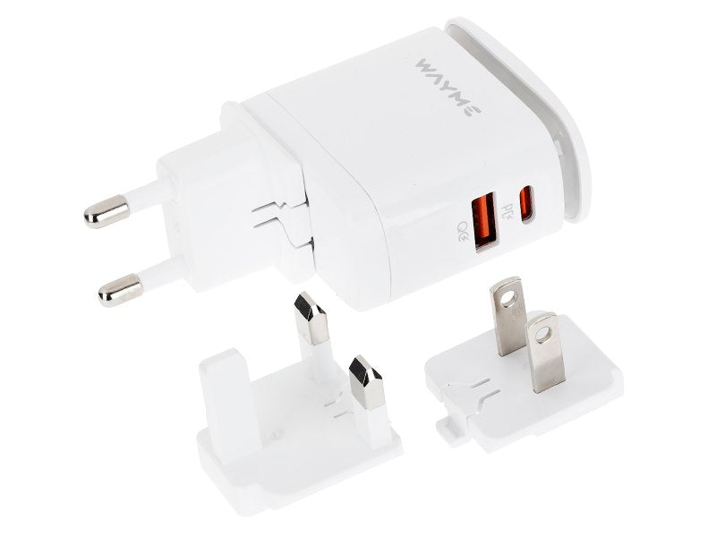 WAYME 25W USB-C PD + QC3.0 hálózati töltő érintős LED lámpával + adapterek - csatlakozók EU, UK és USA aljzatokhoz