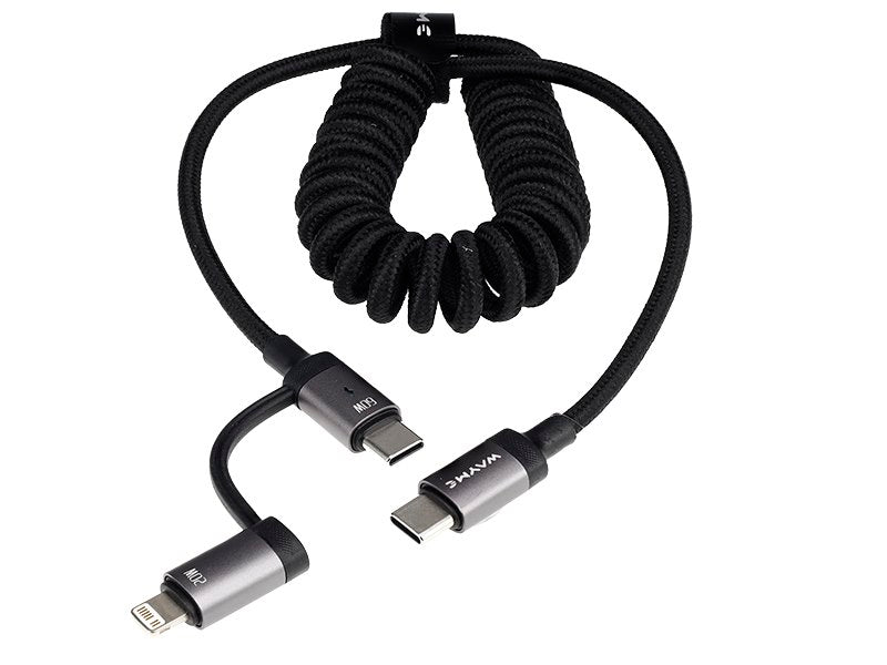 WAYME Mikroszálas fonott töltő- és szinkronizáló kábel, spirál, 50 - 150 cm, USB-C > USB-C / Lightning, max 60W