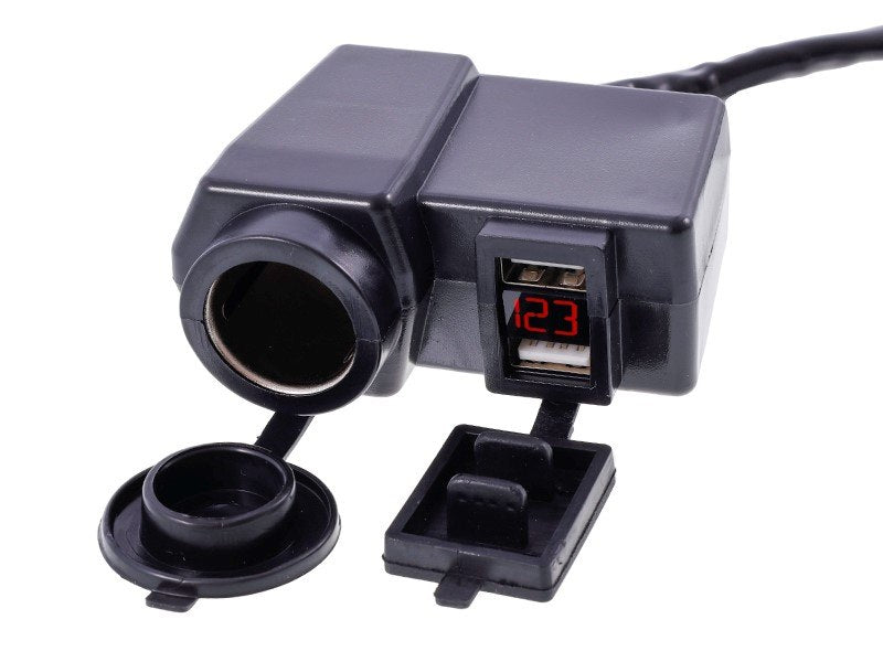 Motorkerékpár töltő 2xUSB 4.2A feszültségmérővel és EURO szivargyújtó aljzattal