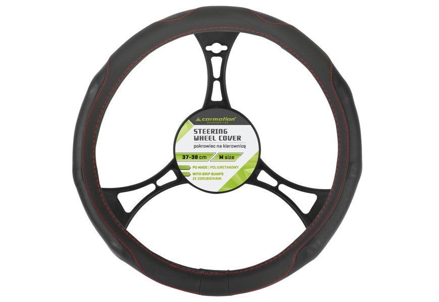 Kormánykerék huzat PU 37 39 cm M perforált markolatok fekete  piros szálakkal – kép 2