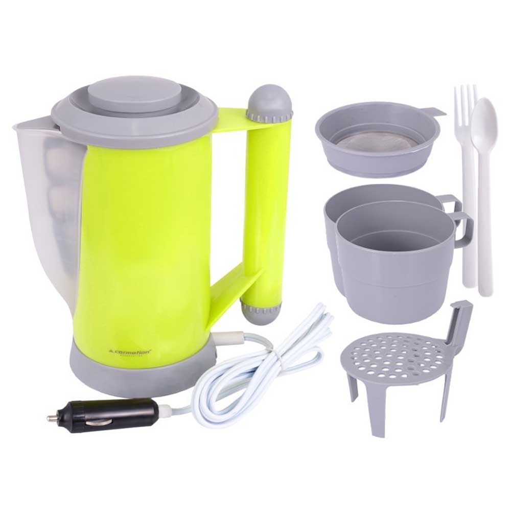 Autós vízforraló evőeszközzel, 2 bögrével, tányérral és szűrővel