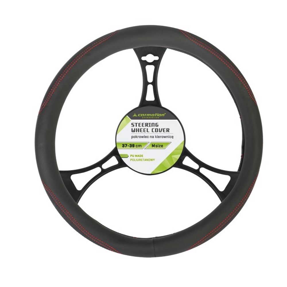 Kormányvédő huzat PU bőrből (37–39 cm, fekete, piros varrással)