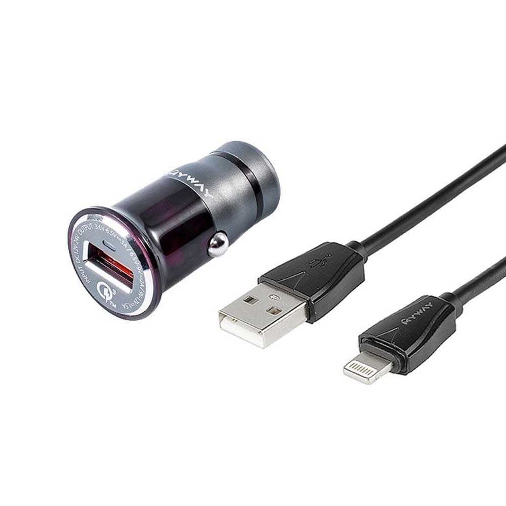 MYWAY gyors töltési móddal rendelkező autós töltő, 100 cm hosszú USB/Lightning kábellel
