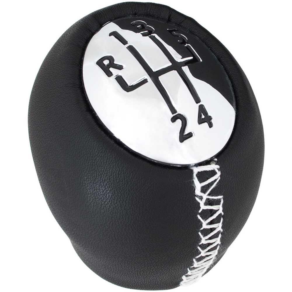 Fekete bőrözött, 5 sebességes Renault Master váltógomb króm számlappal, fehér varrással.