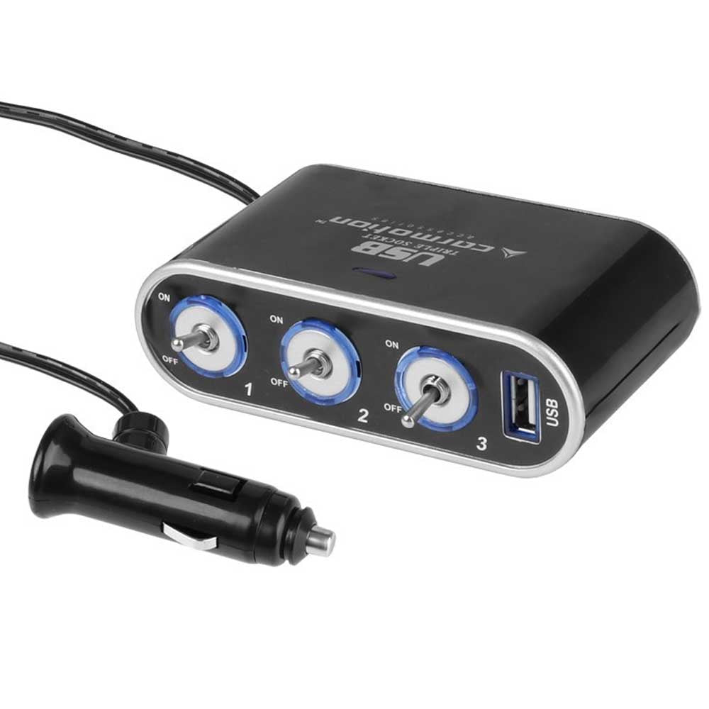 Háromágú szivargyújtó elosztó kapcsolókkal és USB porttal (12–24V)