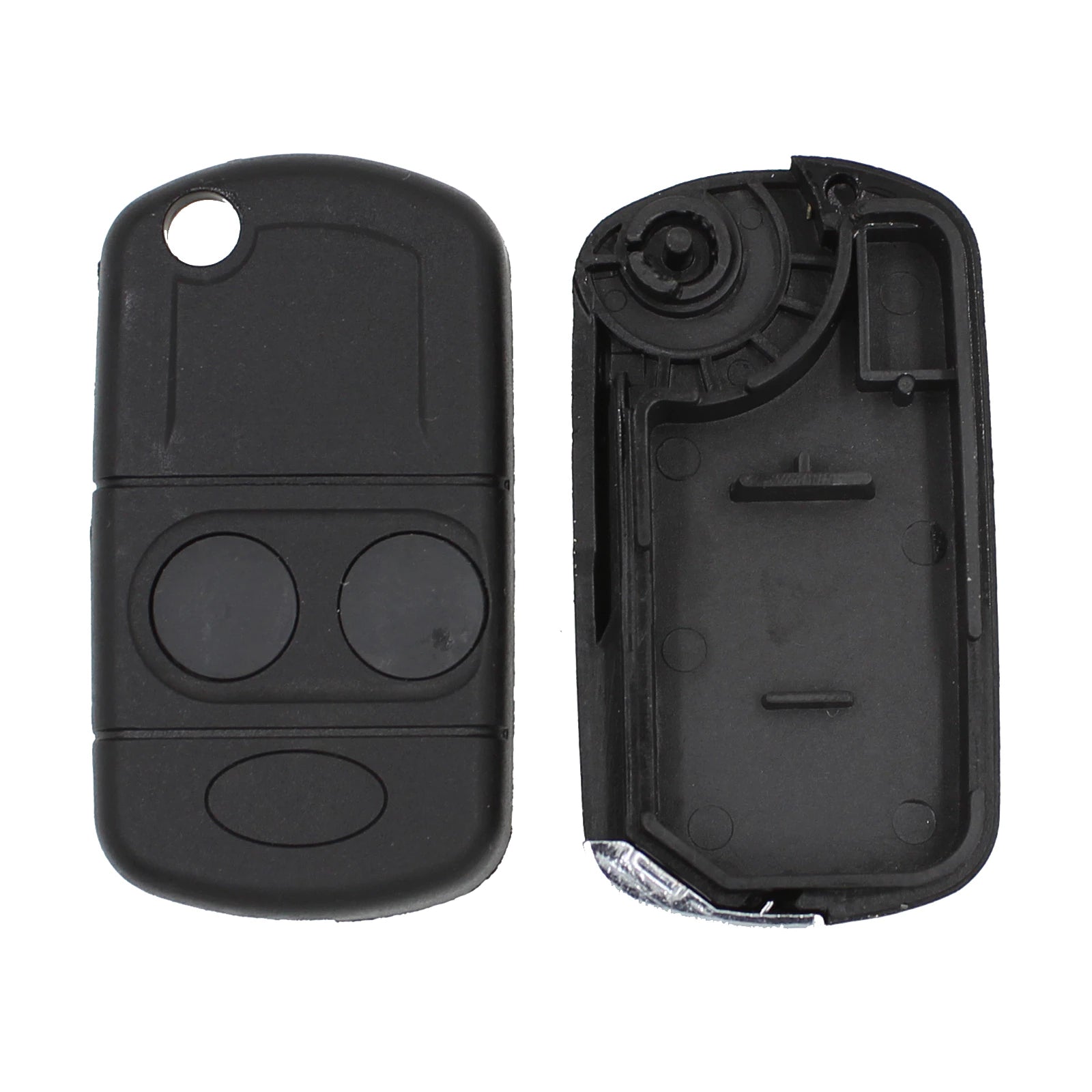 Fekete színű, 2 gombos Land Rover bicskakulcs, kulcsház belseje.