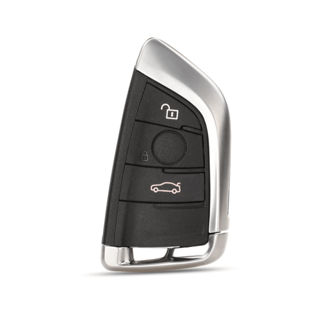 Ezüst és fekete színű, 3 gombos BMW kulcs, kulcsház.