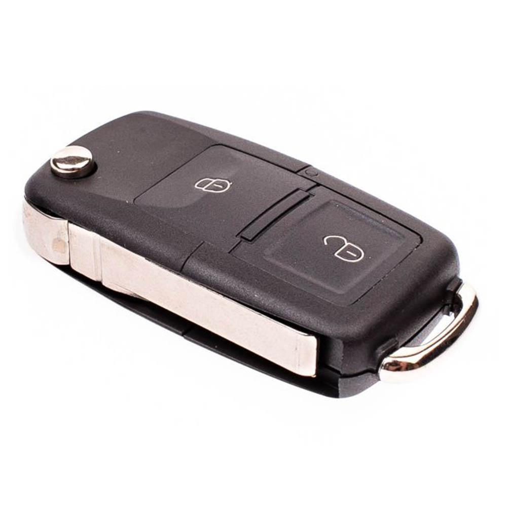 Fekete színű, 2 gombos VW bicskakulcs, kulcsház. Fehér mintás gombokkal.