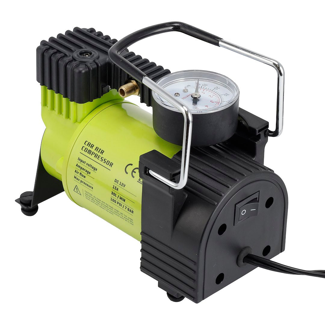 Dugattyús légkompresszor 12V 11 BAR 35L  perc analóg nyomásmérő 4 adapterrel – kép 4