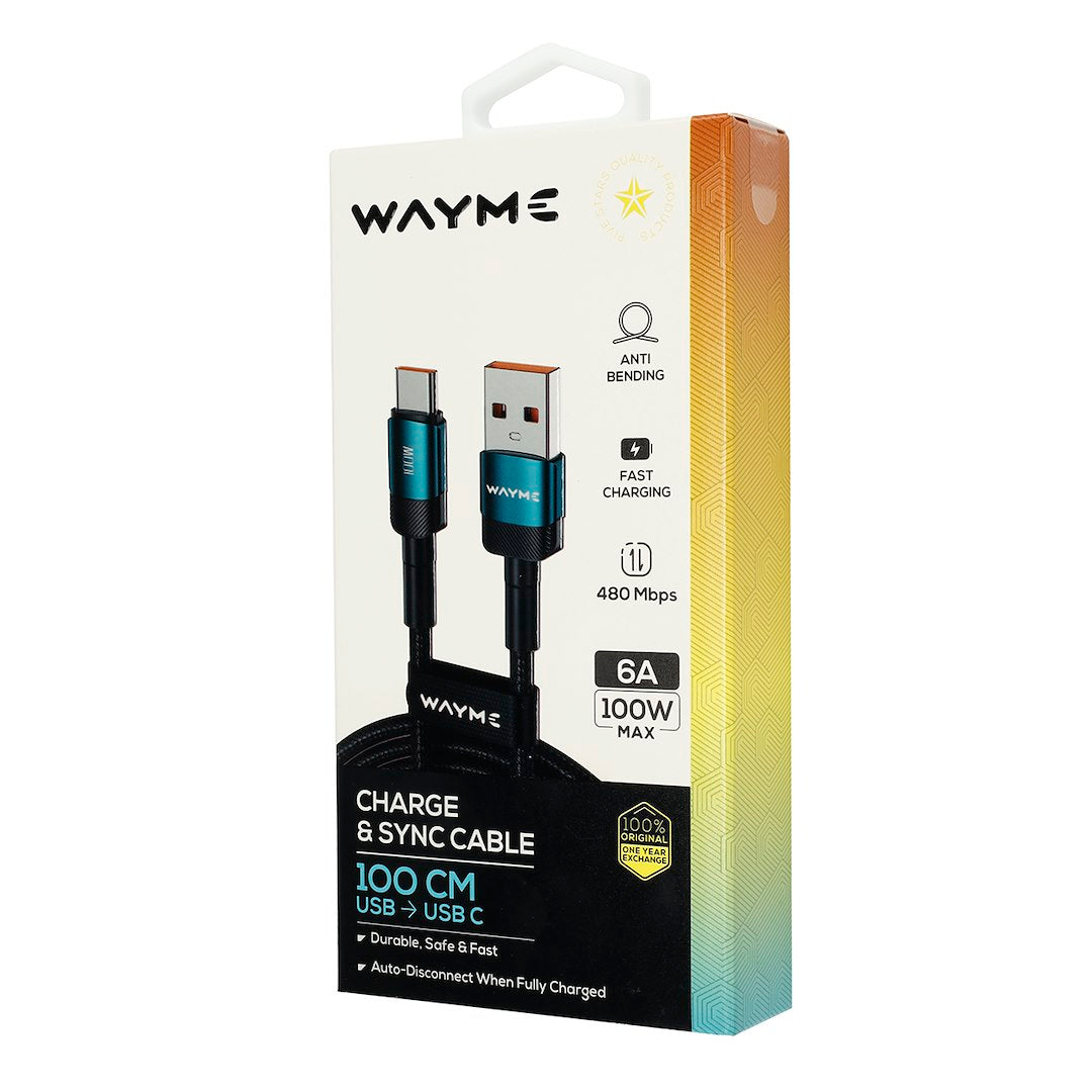 WAYME Mikroszálas fonott töltő  és szinkronizáló kábel 100cm USB > USB C max 100W türkizkék színű – kép 4