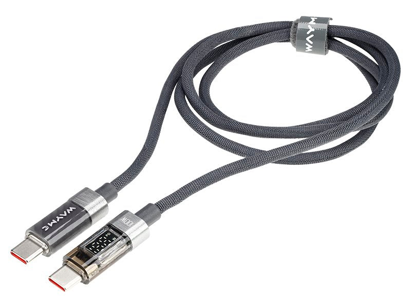 WAYME Mikroszálas fonott töltő  és szinkronizáló kábel 100cm USB C > USB C Max 100W kijelzővel szürke – kép 3