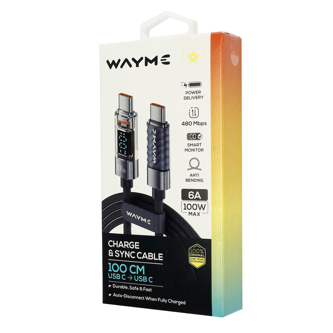 WAYME Mikroszálas fonott töltő  és szinkronizáló kábel 100cm USB C > USB C Max 100W kijelzővel szürke – kép 4