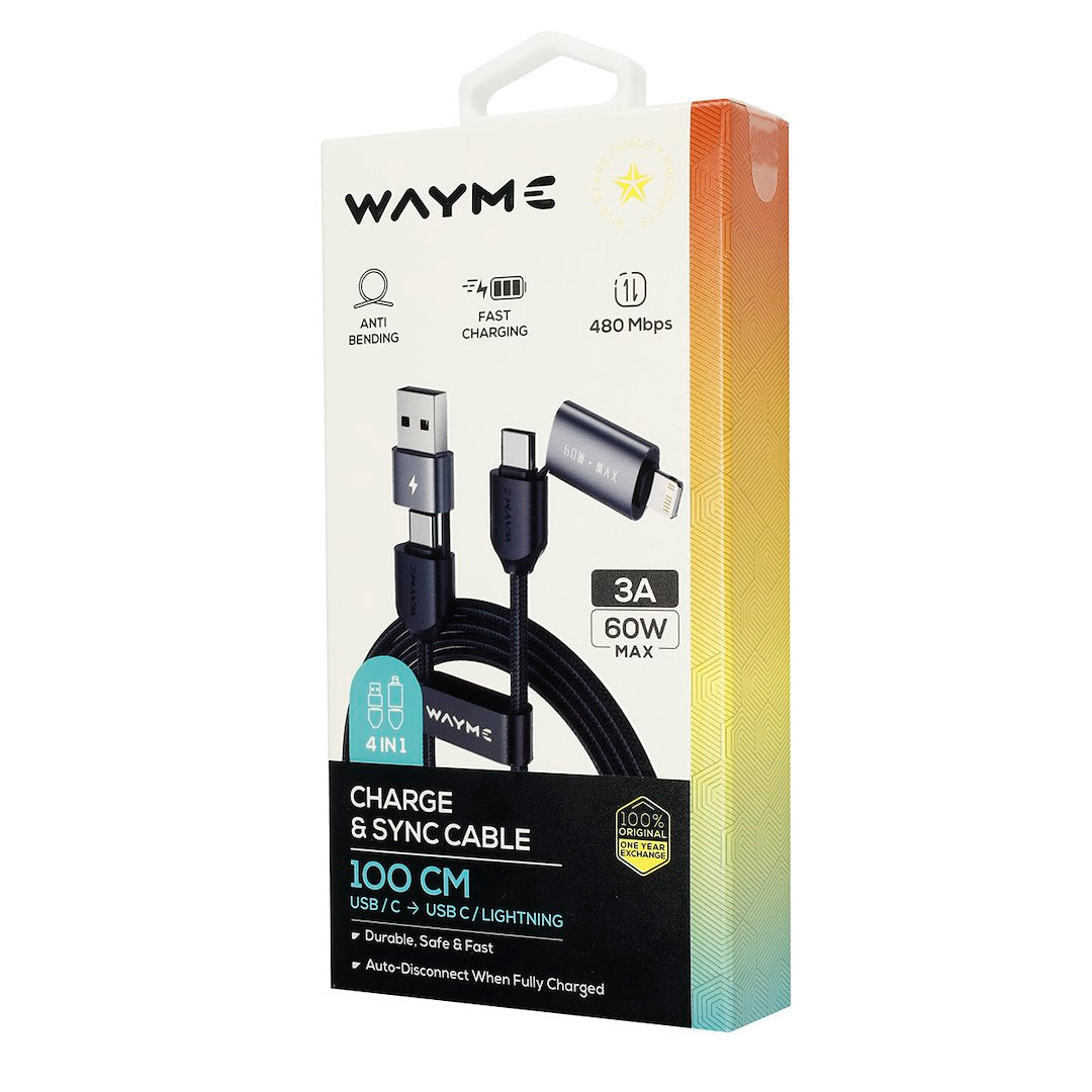 WAYME Mikroszálas fonott töltő  és szinkronizáló kábel 100 cm 4in1 USBC > USB C  Lightning max 60 W – kép 4