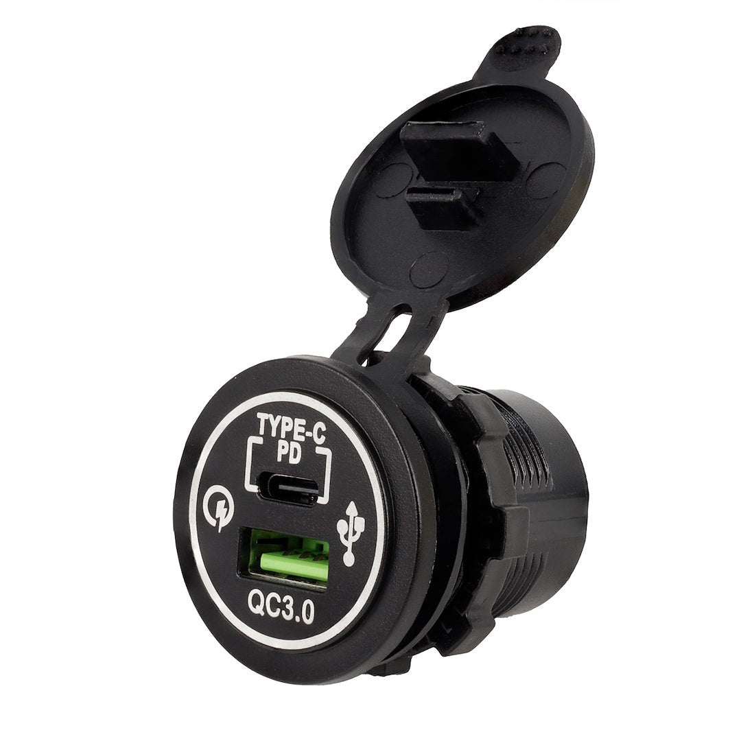 Beépített USB-C PD 30W + USB QC3.0 18W töltő + 60cm-es kábelek, 12/24V-os tápellátás