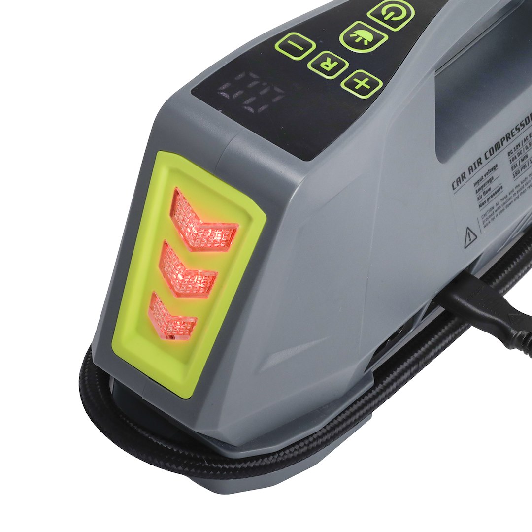 Air compressor DC 12V, AC 230V, 10 BAR, automatic with digital pressure gauge and LED flashlight