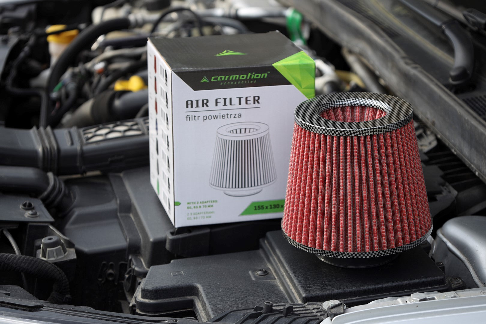 Légszűrő kúpos 155x130x120 mmpirosszén adapterek:                        60 63 70 mm – kép 3