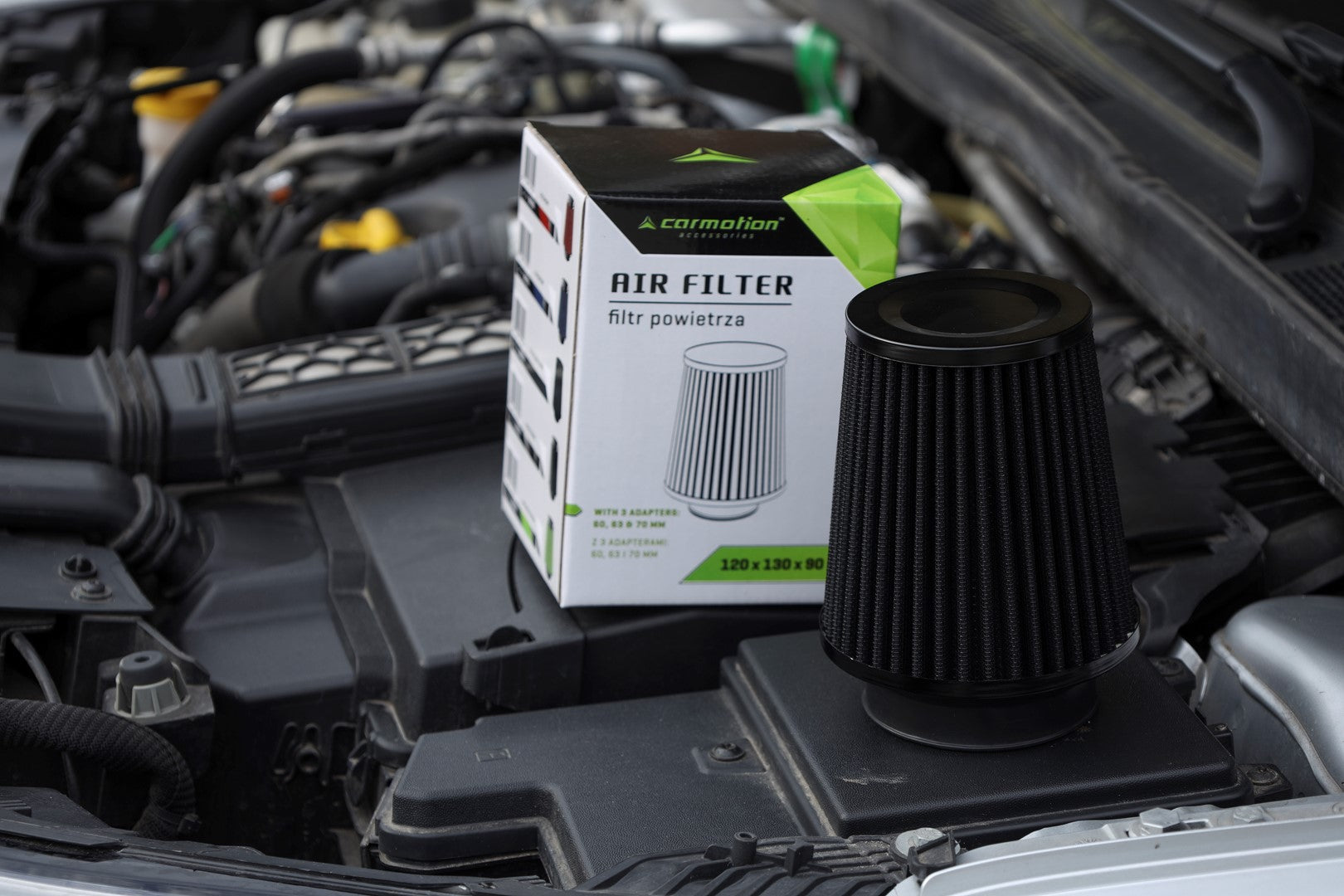 Légszűrő kúpos 120x130x90 mm fekete adapterek: 60 63 70 mm – kép 3