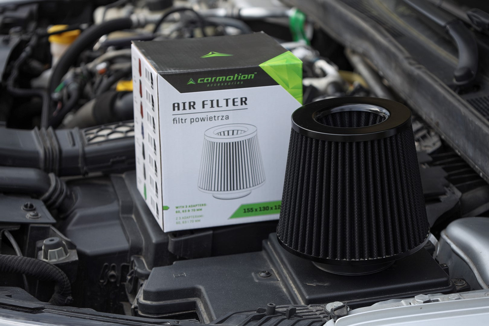 Légszűrő kúpos 155x130x120 mm fekete adapterek: 60 63 70 mm – kép 3