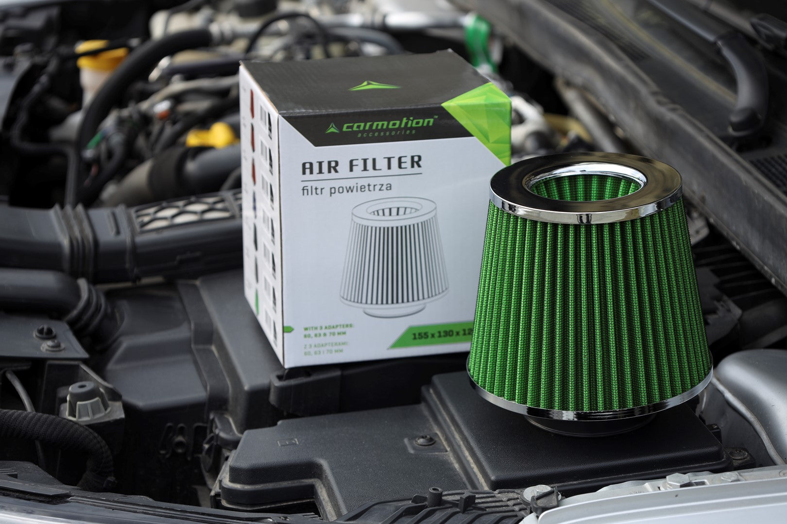 Légszűrő kúpos 155x130x120 mm lime zöld  króm adapterek: 60 63 70 mm – kép 3