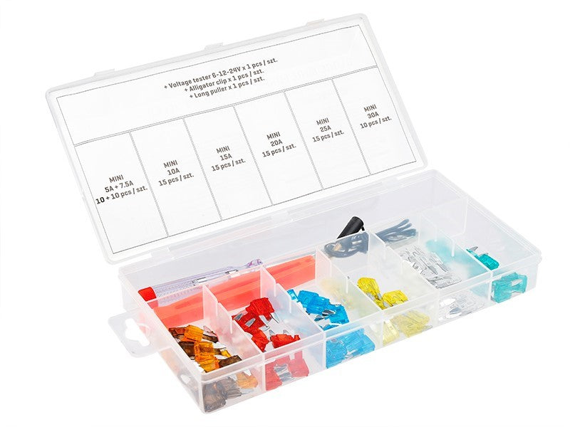 MINI biztosítékok + feszültségmérő + markoló, 92 db