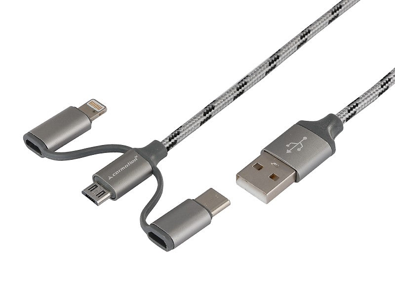 Töltő- és szinkronizáló kábel 120 cm, 3 az 1-ben: USB> micro USB + Lightning + USB-C