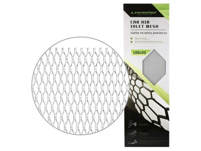 Alumínium autószellőző háló 8x25 mm, méhsejt alakú, 100x33 cm-es lap, ezüst színű