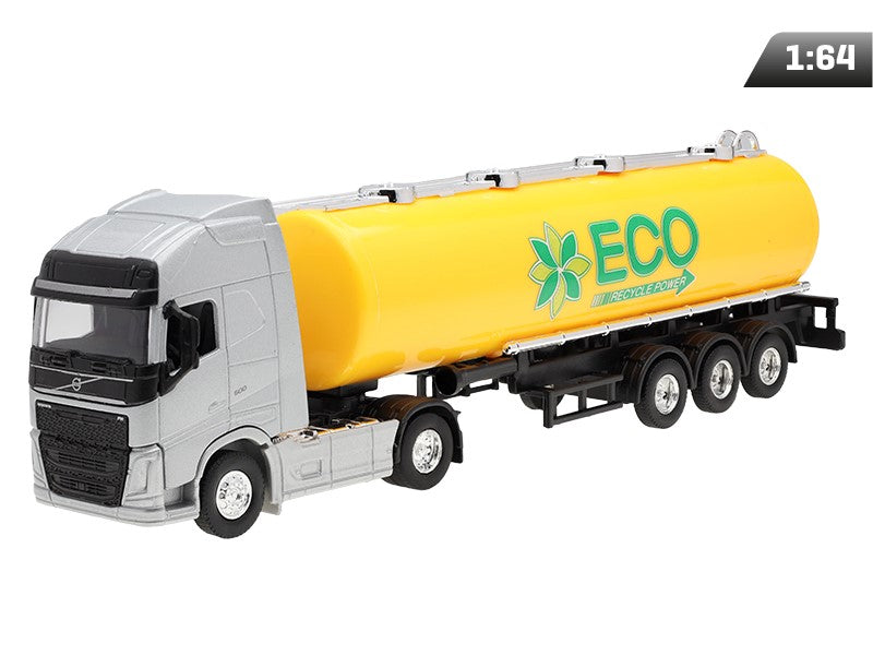 1:64-es modell, VOLVO FH, ezüst színű vontató, sárga ECO tartálykocsi