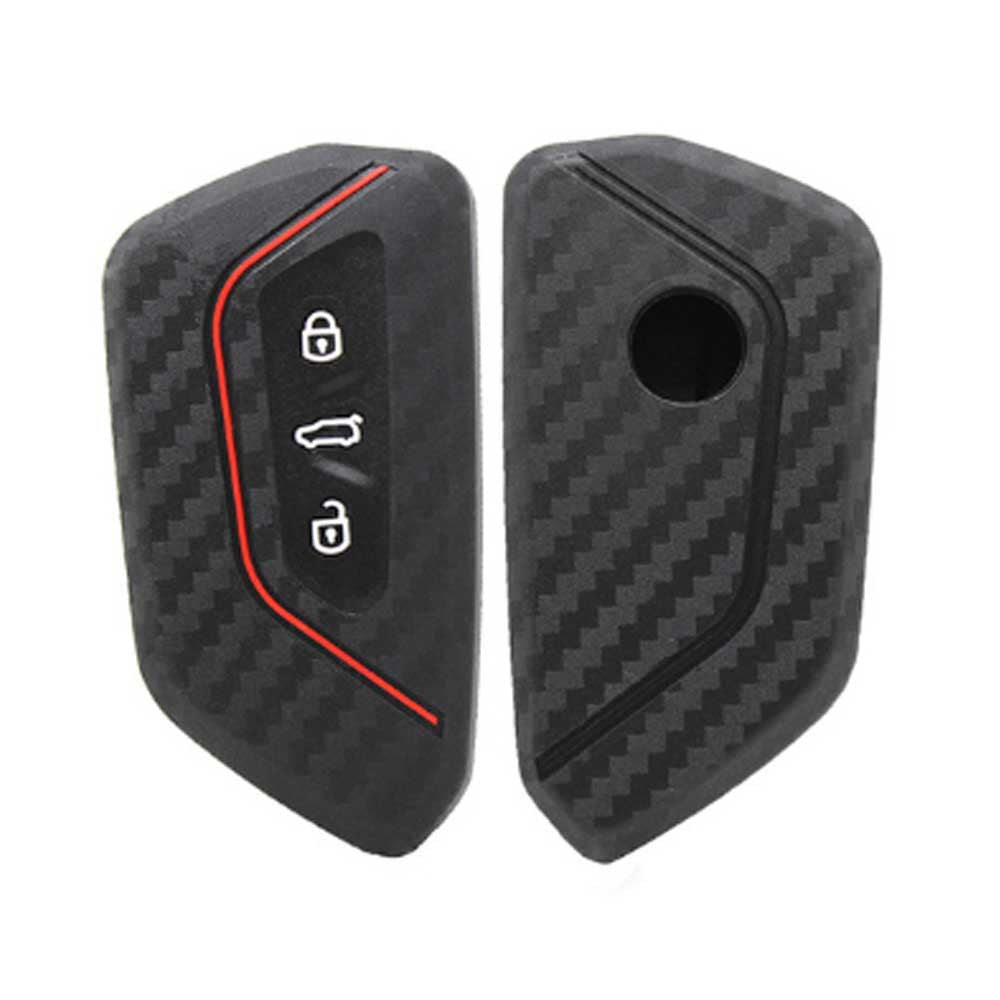 Carbon mintás, 3 gombos Seat kulcs szilikon tok piros díszcsíkkal.