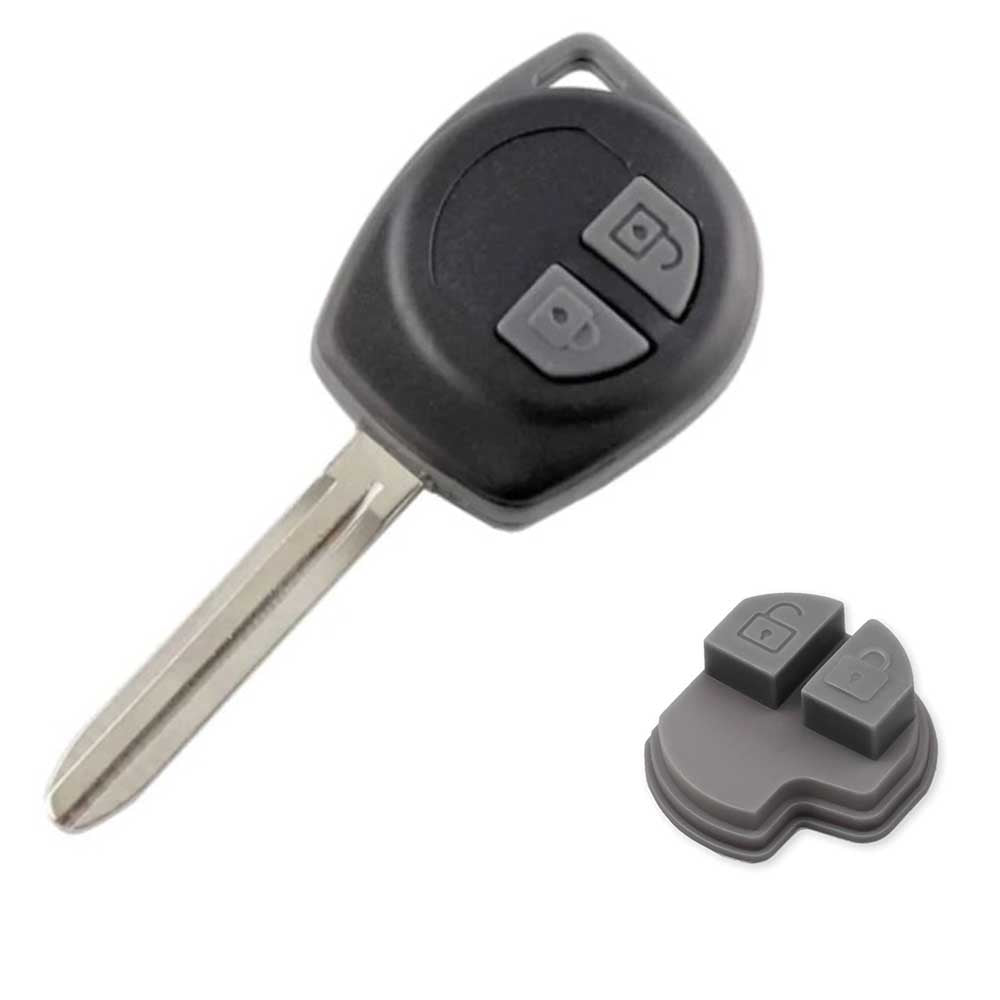 Sötétszürke színű, 2 gombos Suzuki kulcs gombsor és kulcs.
