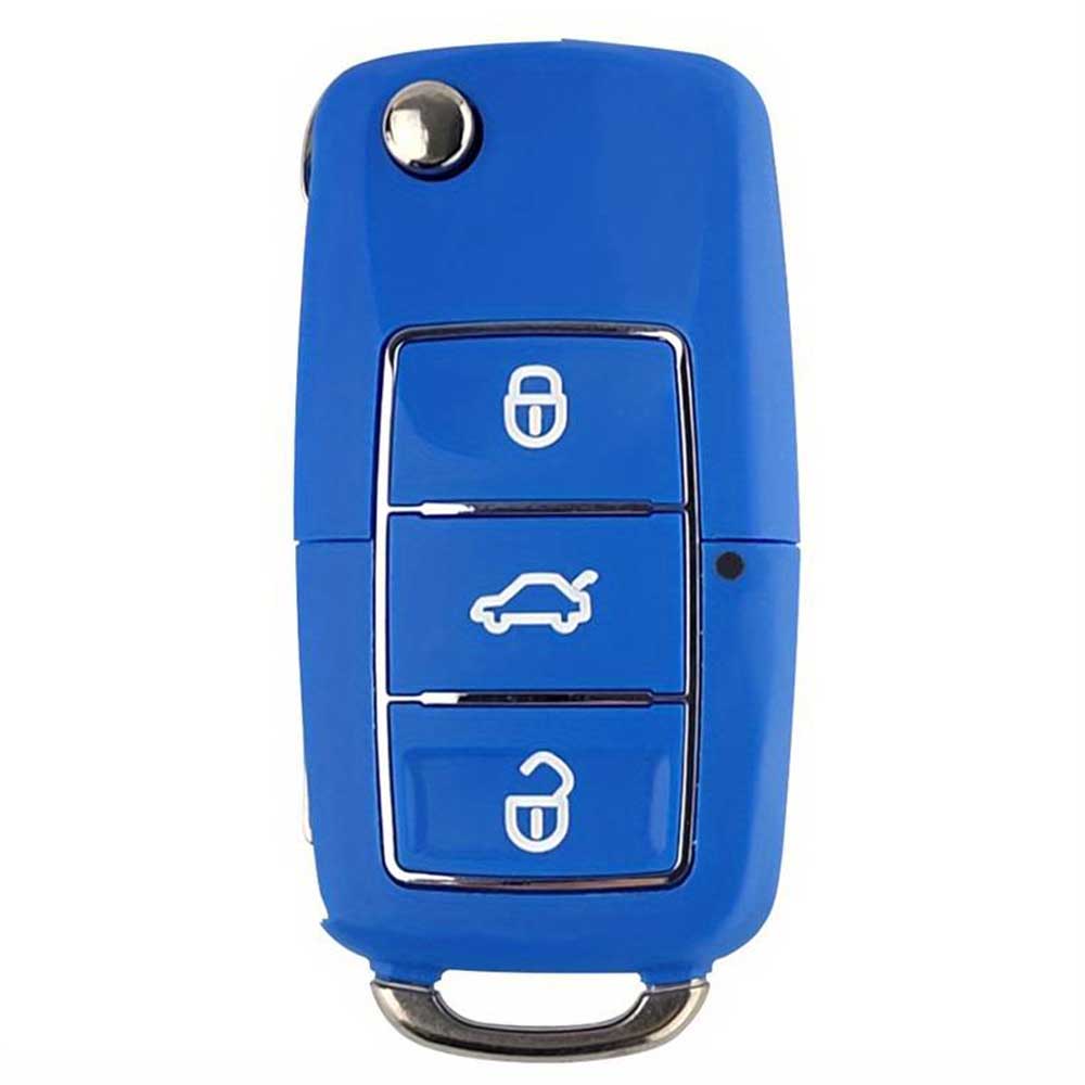 3 gombos, kék színű VW bicskakulcs, kulcsház.