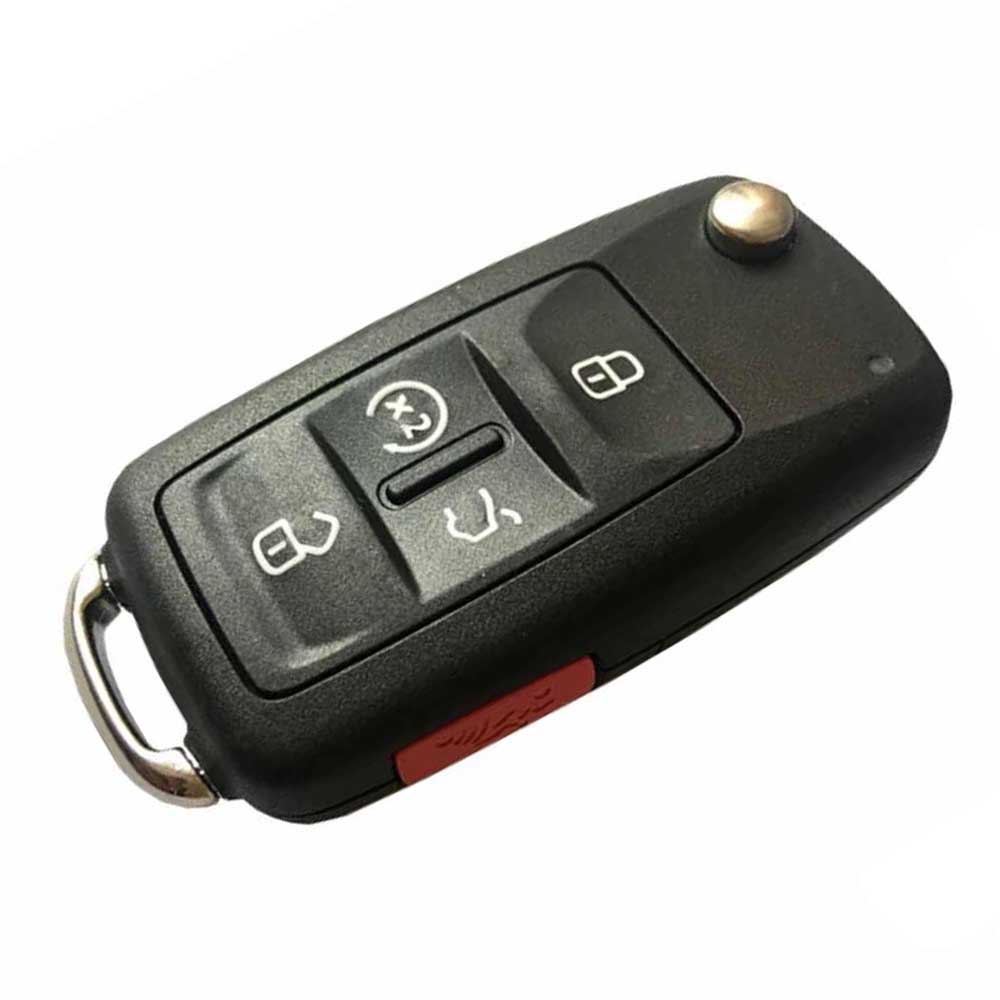 Fekete színű, 5 gombos VW bicskakulcs, kulcsház az oldalán piros gombbal.