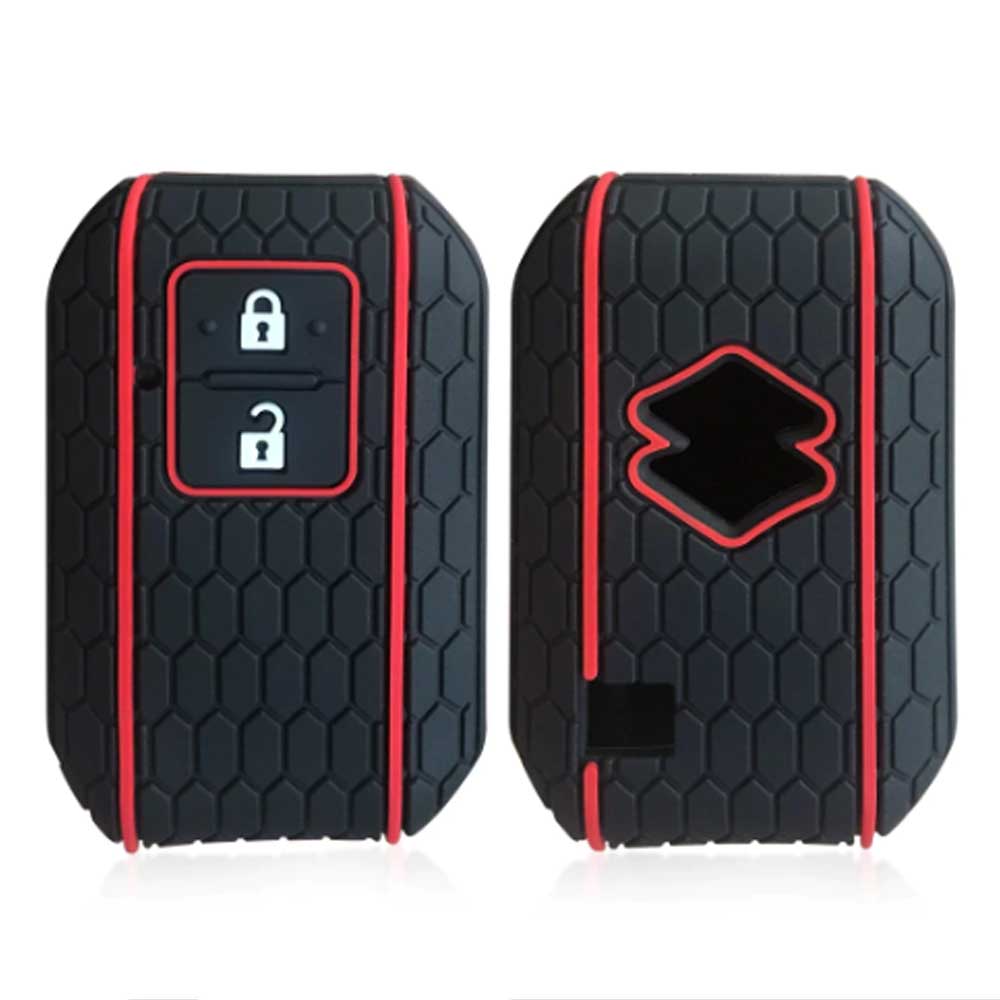 Fekete színű, 2 gombos Suzuki kulcs szilikon tok piros mintával.