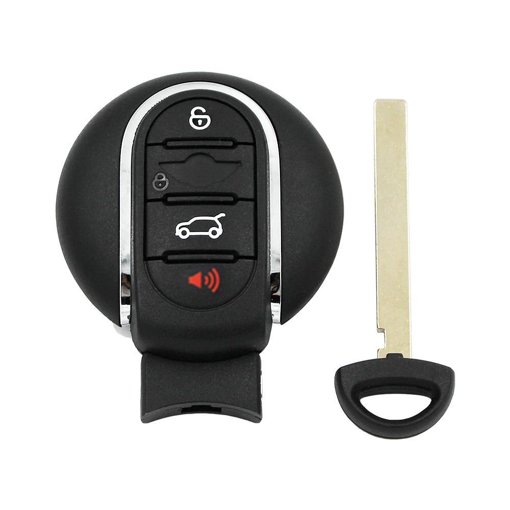 Fekete színű, 4 gombos Mini Cooper kulcs, kulcsház króm díszítéssel. Fehér és piros színű gombokkal. Nyers kulcsszárral.