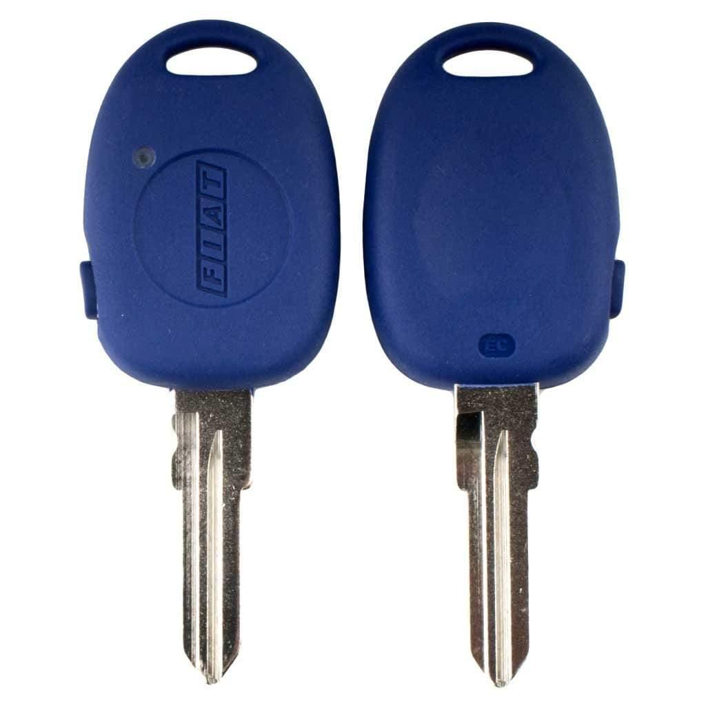 Kék színű, 1 gombos Fiat kulcs, kulcsház eleje és hátulja.