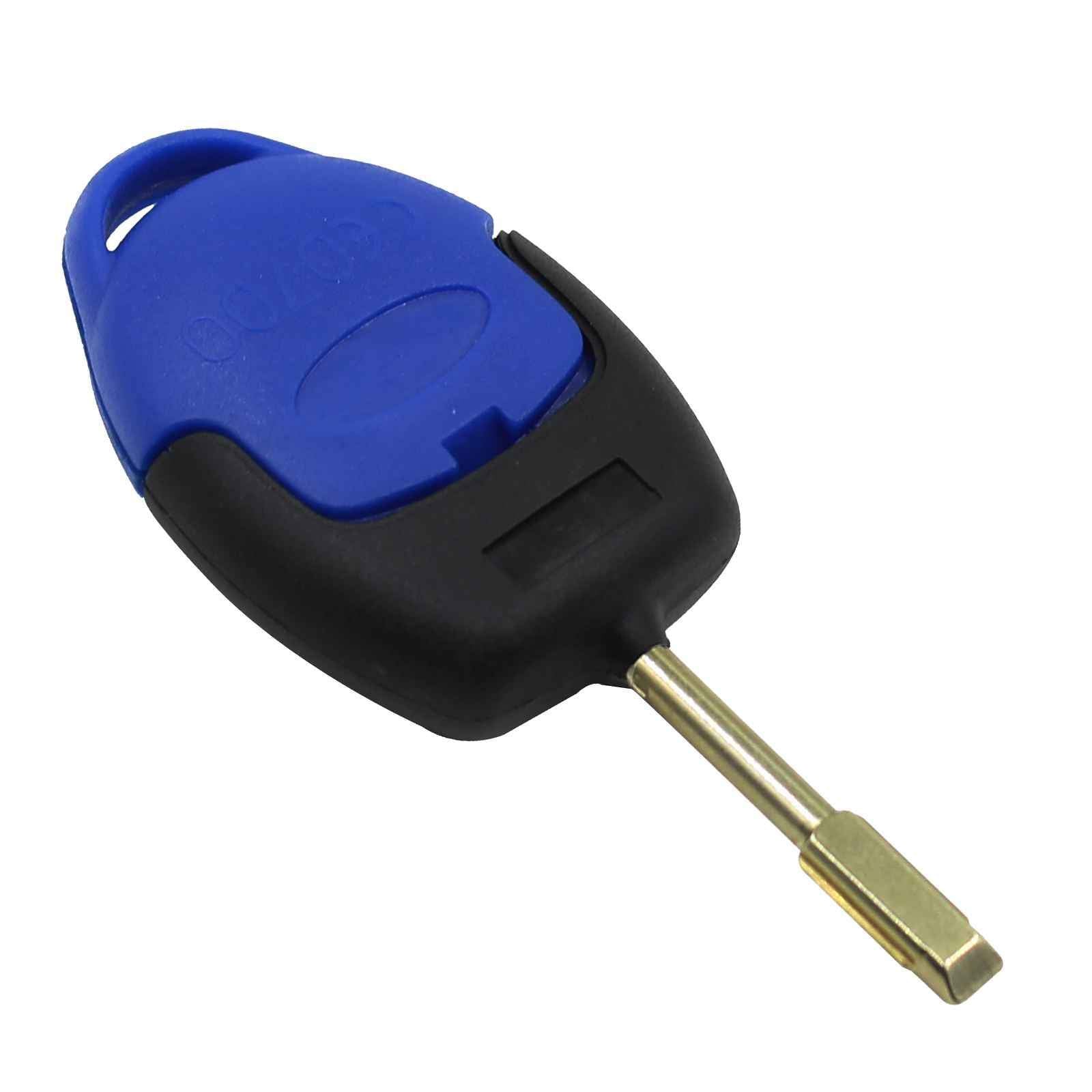 Fekete és kék színű, 3 gombos Ford kulcs, kulcsház hátulja.