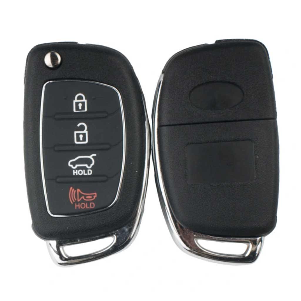 Fekete színű, Hyundai 4 gombos kulcs, bicskakulcs eleje és hátulja.