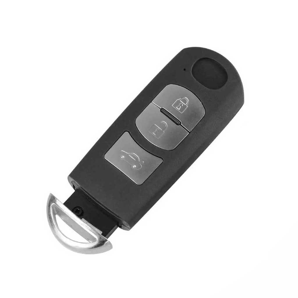 Fekete színű, 3 gombos Mazda kulcs, kulcsház ezüst színű gombokkal.