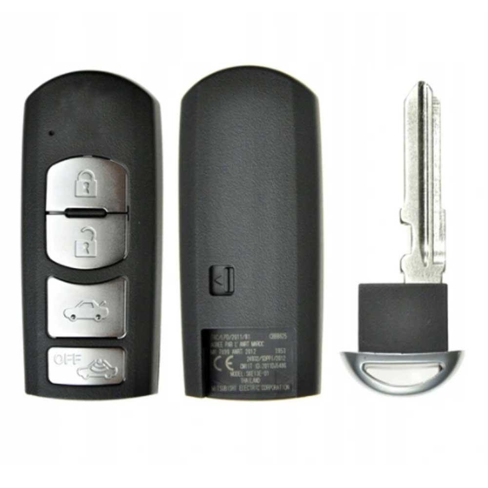 Fekete színű, 4 gombos Mazda kulcsház, kulcs ezüst színű gombokkal. 