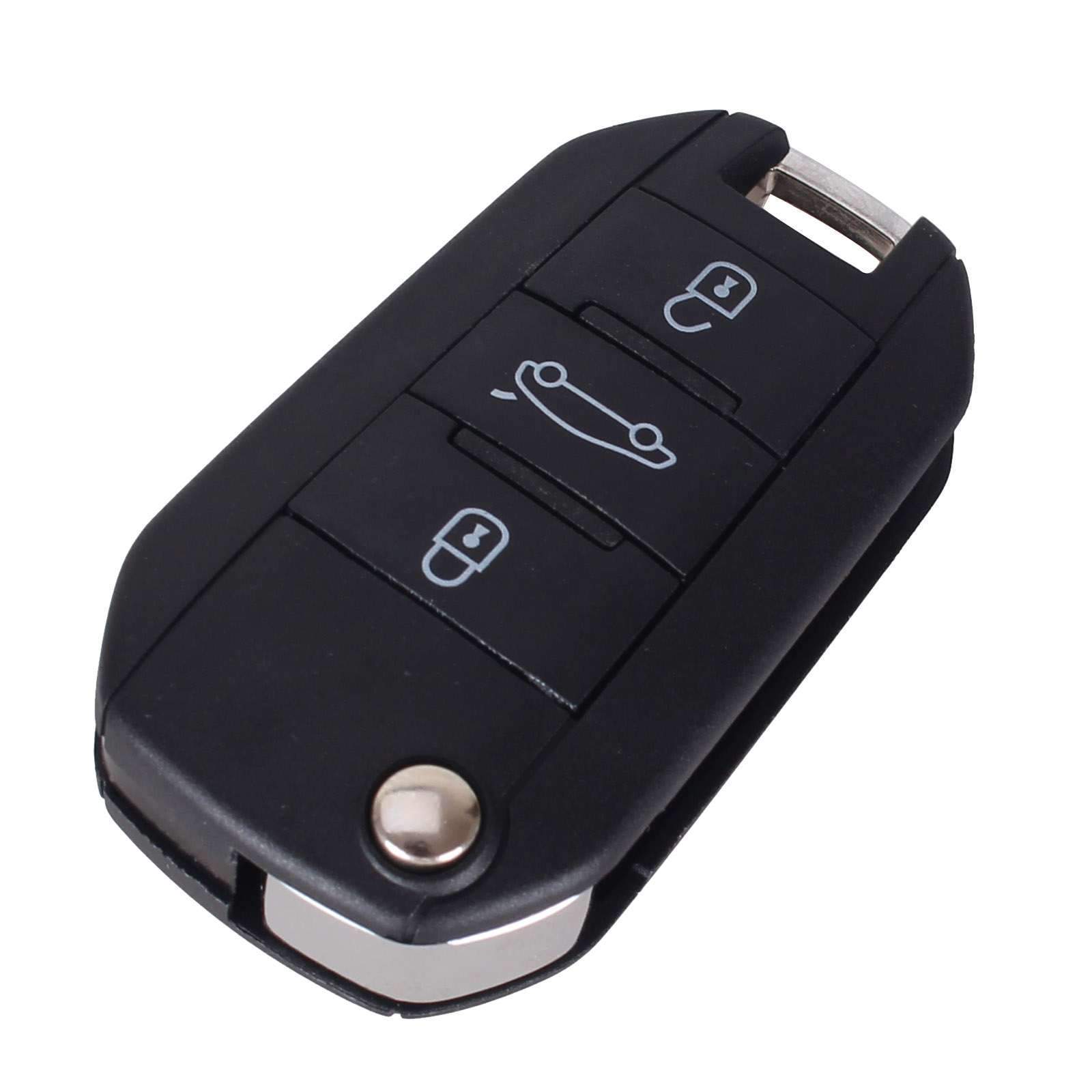 Fekete színű, 3 gombos Peugeot és Citroen kulcs, kulcsház. Fehér mintával