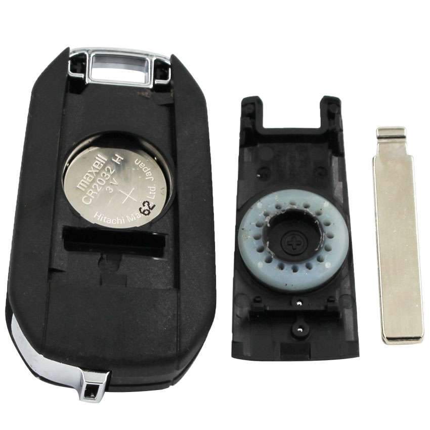 Fekete színű, 3 gombos Peugeot és Citroen kulcs, kulcsház szétszedve.
