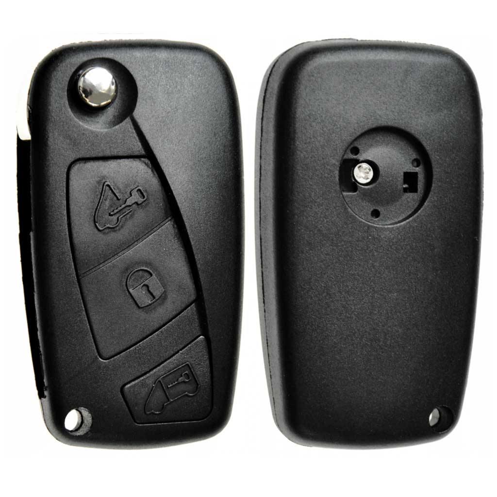 Fekete színű, 3 gombos Peugeot kulcsház, bicskakulcs eleje és hátulja.