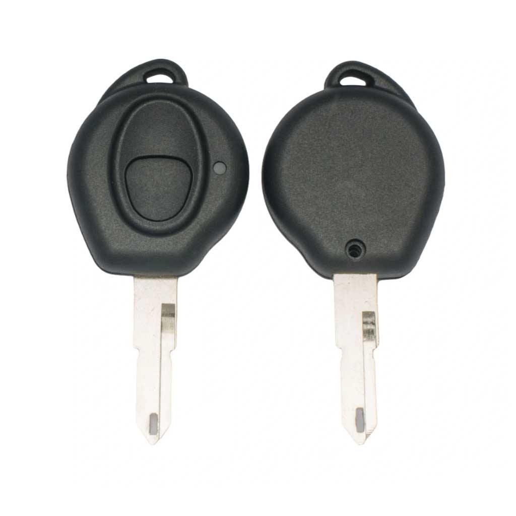 Fekete színű, 1 gombos Peugeot kulcs, kulcsház eleje és hátulja.