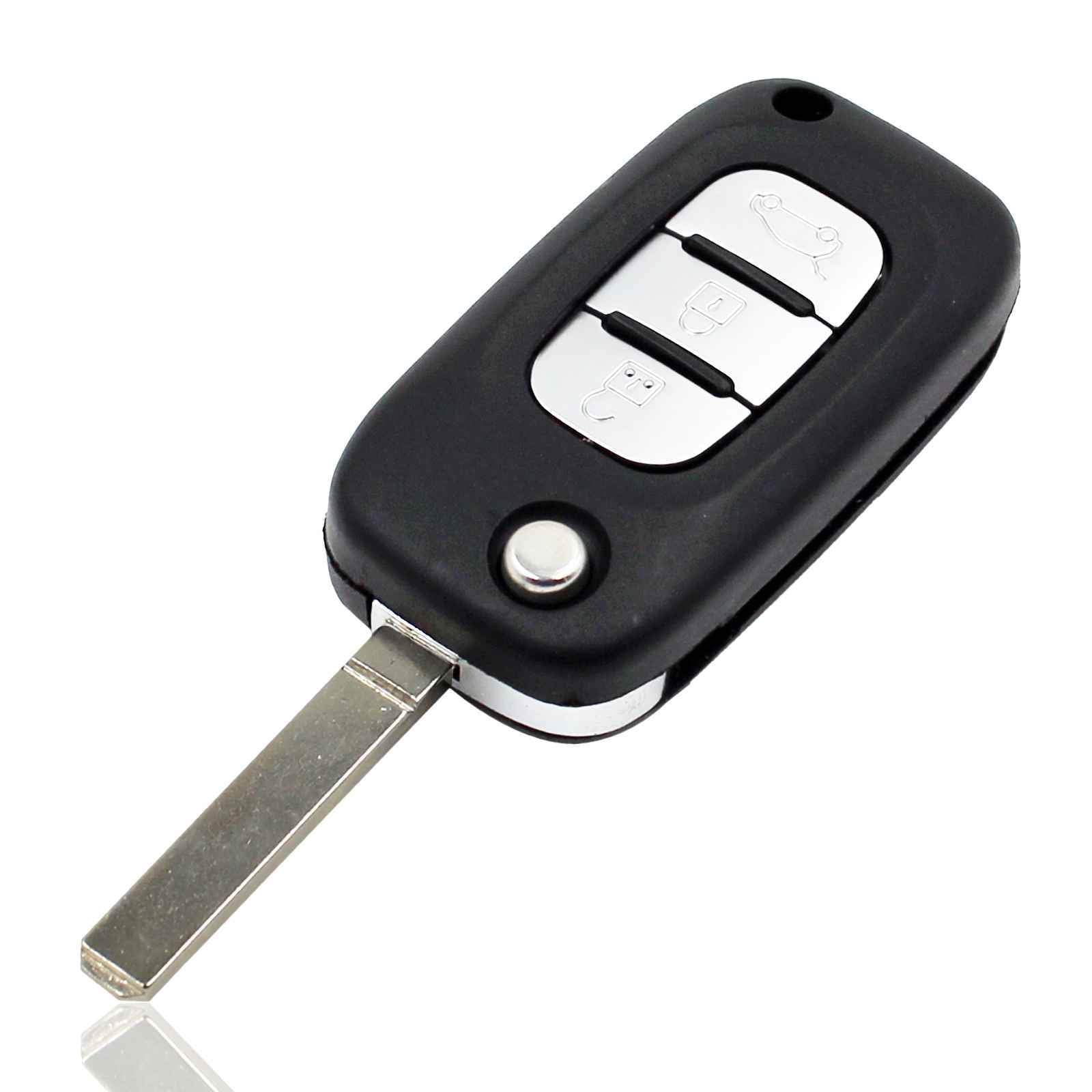 Fekete színű, 3 gombos Renault kulcsház, bicskakulcs ezüst színű gombokkal.