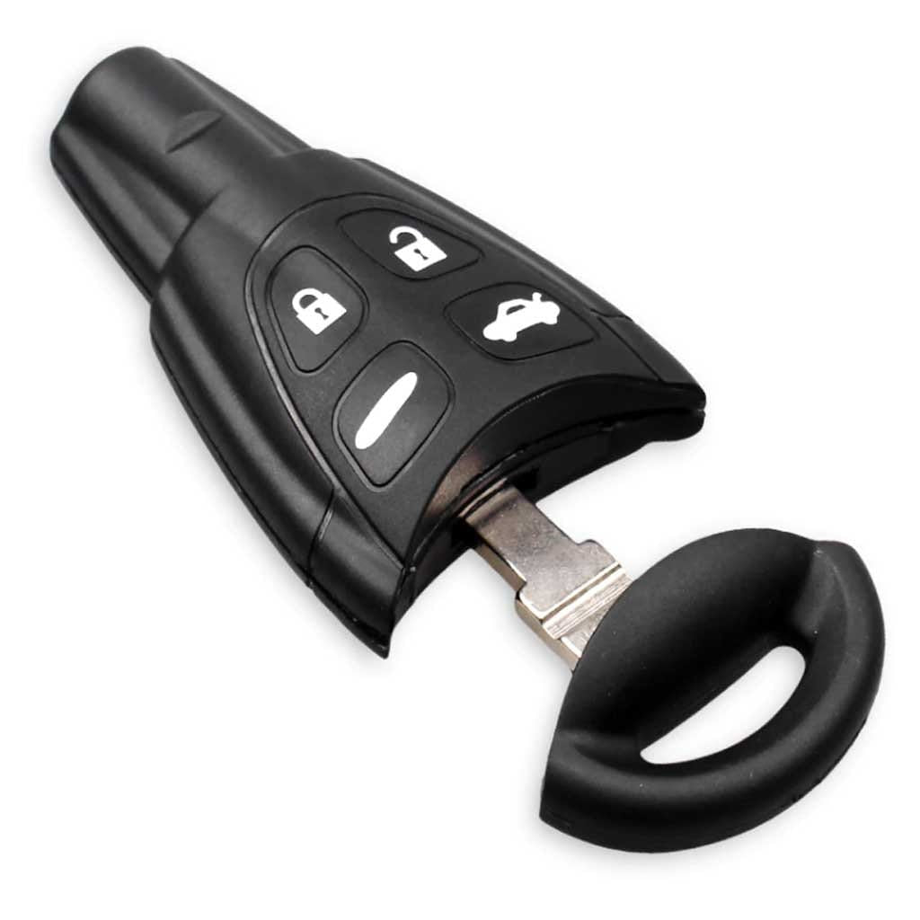 Fekete színű, 4 gombos Saab kulcsház. Fehér színű gombokkal, kulcsszárral.