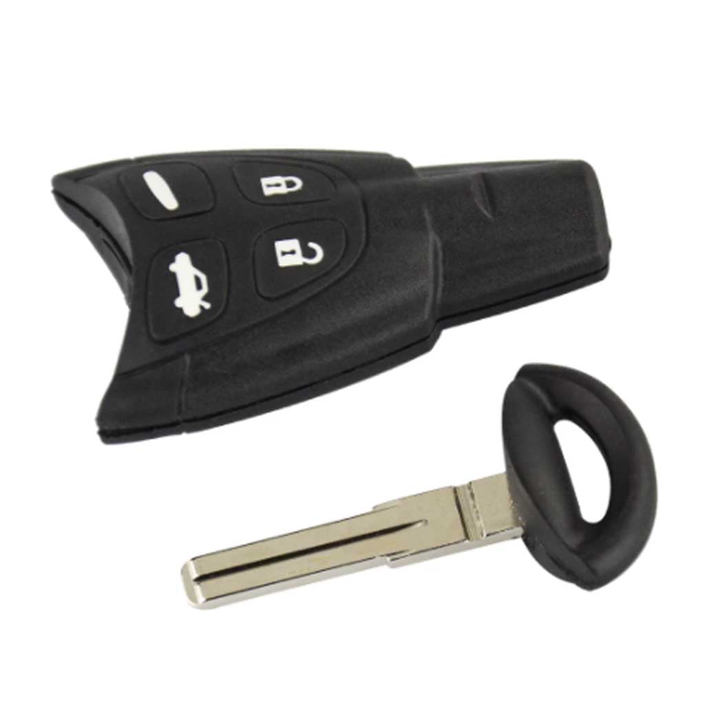 Fekete színű, 4 gombos Saab kulcsház. Fehér színű gombokkal, kulcsszárral.