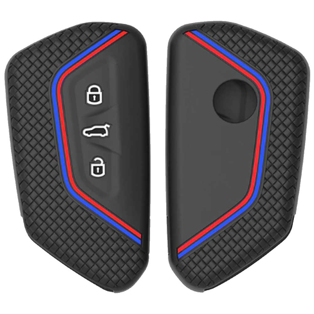 Seat 3 gombos kulcs szilikon tok fekete színben, piros és kék díszcsíkkal