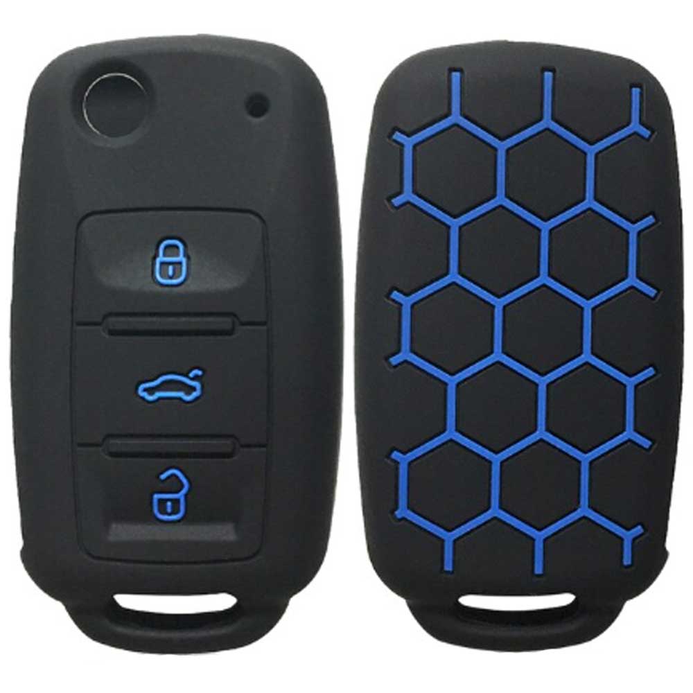 Skoda Octavia A5 3 gombos kulcs szilikon tok fekete színben kék gombokkal